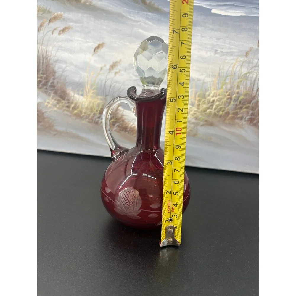 Vintage Czech Glass Ruby Flashed Cruet cut to Clear Grape Motifs
